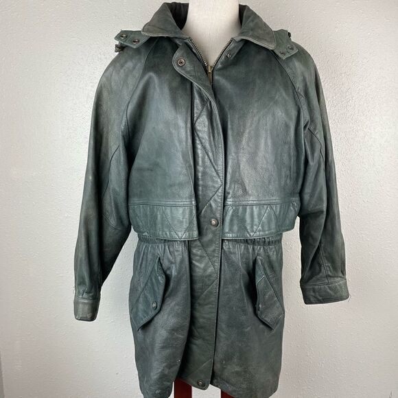 Vintage Wilson’s Adventure Bound Hooded Green Leather Jacket Size M - Picture 1 of 14